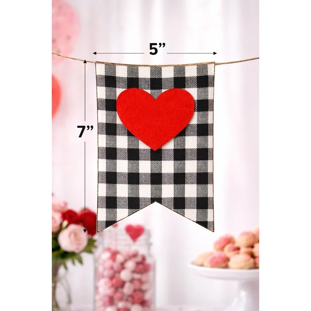 Valentine's Day Banner Red Felt Heart Garland White Black Buffalo Plaid Set of 3
